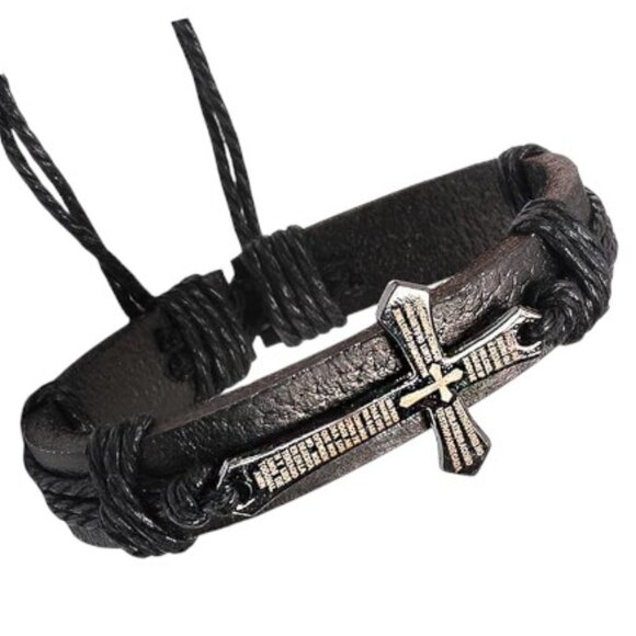 Black Leather Bracelet with Cross - Picture 4 of 5